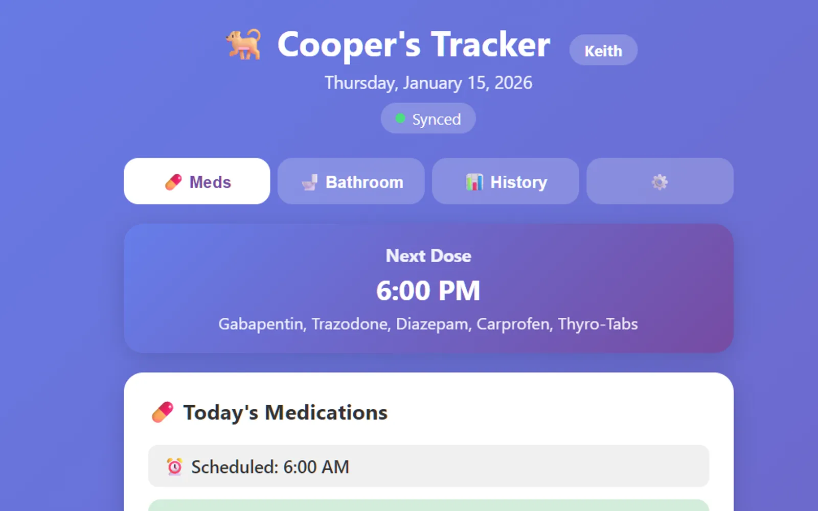 Cooper's Tracker medication schedule screen